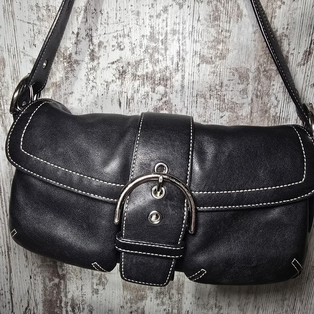 Vtg Y2k COACH #3653 Soho Flap Buckle Double Pocket W Black Leather Shoulder Bag - Picture 5 of 16